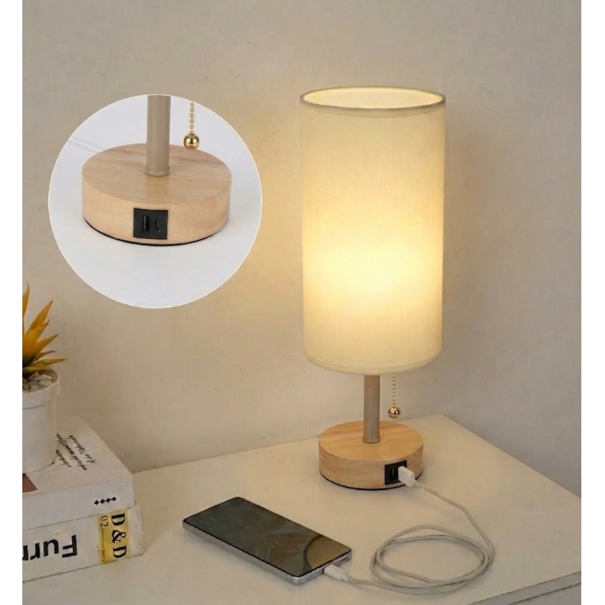Brilagi - Candeeiro de mesa com porta USB TABLON 1xE27/25W/230V carvalho/bege/creme