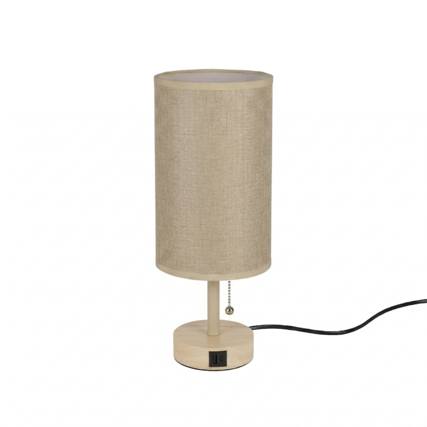 Brilagi - Candeeiro de mesa com porta USB TABLON 1xE27/25W/230V carvalho/bege