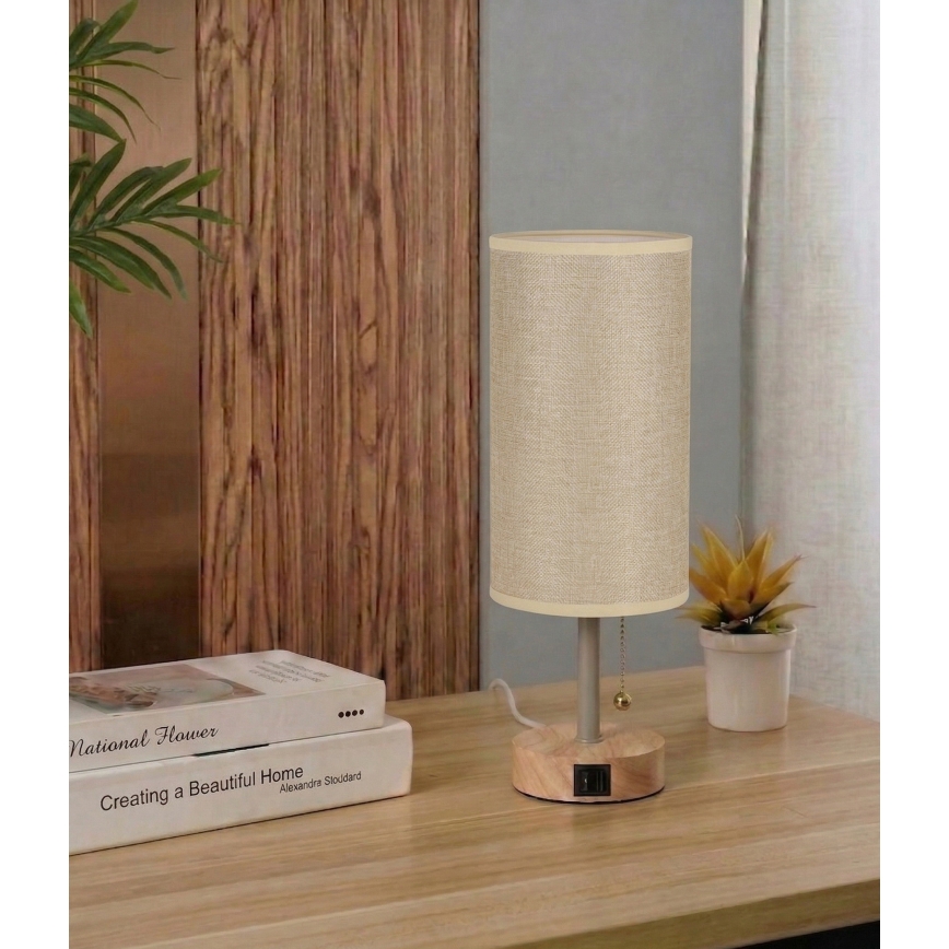 Brilagi - Candeeiro de mesa com porta USB TABLON 1xE27/25W/230V carvalho/bege