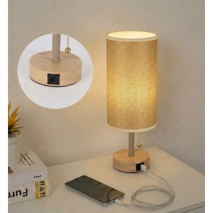 Brilagi - Candeeiro de mesa com porta USB TABLON 1xE27/25W/230V carvalho/bege
