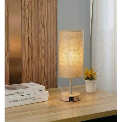 Brilagi - Candeeiro de mesa com porta USB TABLON 1xE27/25W/230V carvalho/bege
