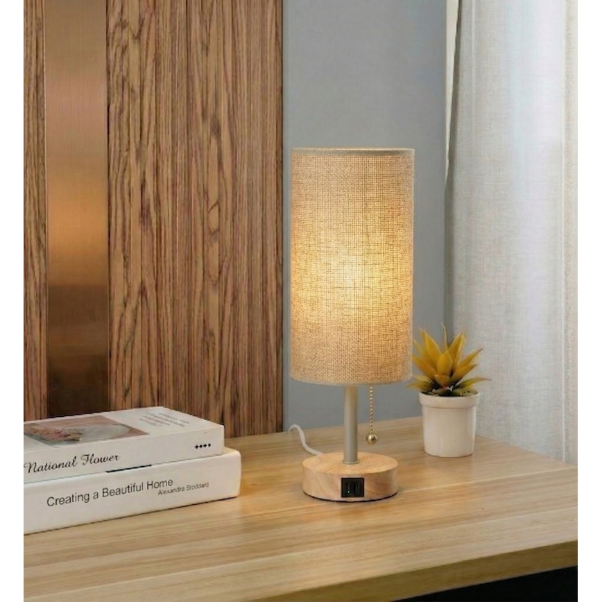 Brilagi - Candeeiro de mesa com porta USB TABLON 1xE27/25W/230V carvalho/bege