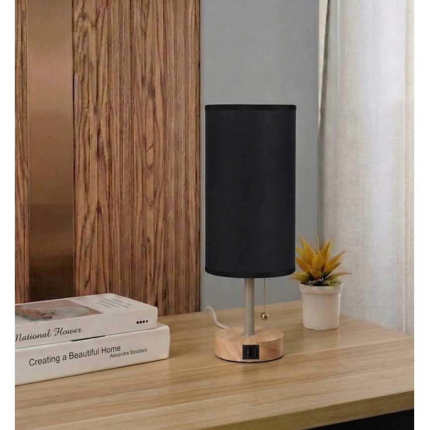 Brilagi - Candeeiro de mesa com porta USB TABLON 1xE27/25W/230V carvalho/bege/preto