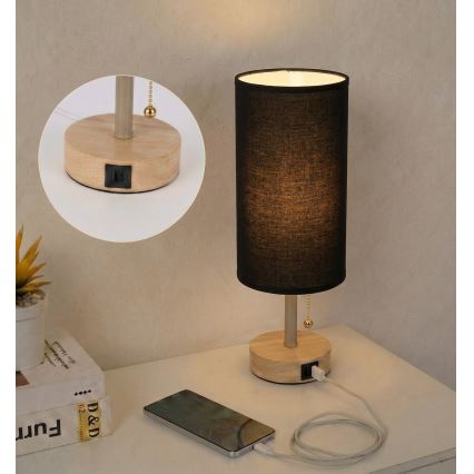 Brilagi - Candeeiro de mesa com porta USB TABLON 1xE27/25W/230V carvalho/bege/preto