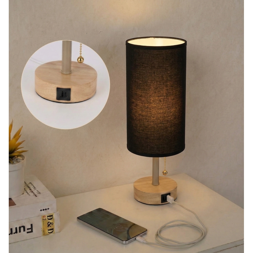 Brilagi - Candeeiro de mesa com porta USB TABLON 1xE27/25W/230V carvalho/bege/preto