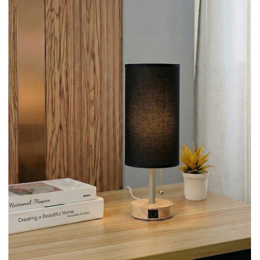 Brilagi - Candeeiro de mesa com porta USB TABLON 1xE27/25W/230V carvalho/bege/preto