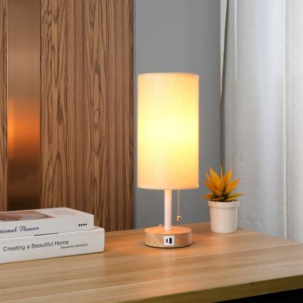 Brilagi - Candeeiro de mesa com porta USB TABLON 1xE27/25W/230V carvalho/branco/bege