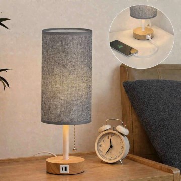 Brilagi - Candeeiro de mesa com porta USB TABLON 1xE27/25W/230V carvalho/branco/cinza