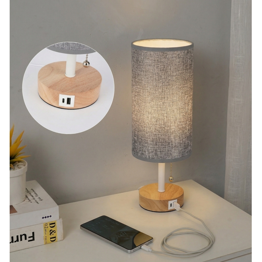 Brilagi - Candeeiro de mesa com porta USB TABLON 1xE27/25W/230V carvalho/branco/cinza