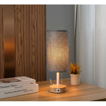 Brilagi - Candeeiro de mesa com porta USB TABLON 1xE27/25W/230V carvalho/branco/cinza