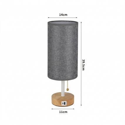 Brilagi - Candeeiro de mesa com porta USB TABLON 1xE27/25W/230V carvalho/branco/cinza