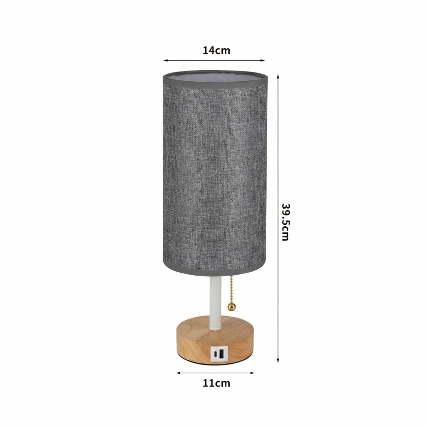 Brilagi - Candeeiro de mesa com porta USB TABLON 1xE27/25W/230V carvalho/branco/cinza