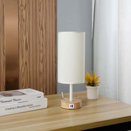 Brilagi - Candeeiro de mesa com porta USB TABLON 1xE27/25W/230V carvalho/branco/creme