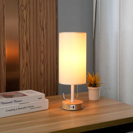 Brilagi - Candeeiro de mesa com porta USB TABLON 1xE27/25W/230V carvalho/branco/creme