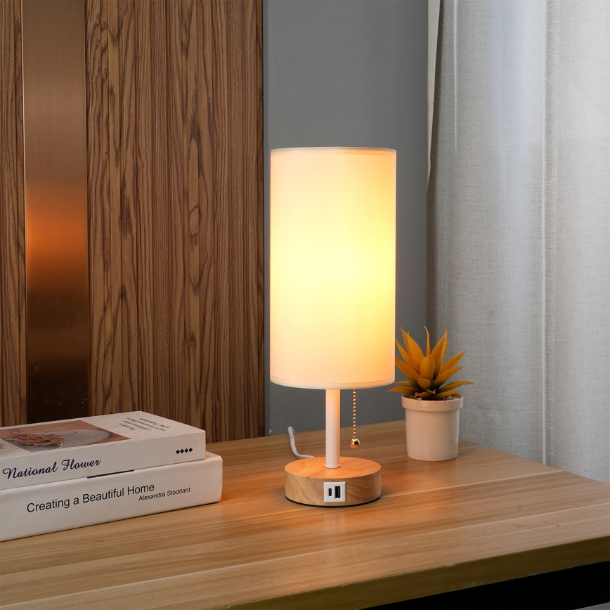 Brilagi - Candeeiro de mesa com porta USB TABLON 1xE27/25W/230V carvalho/branco/creme