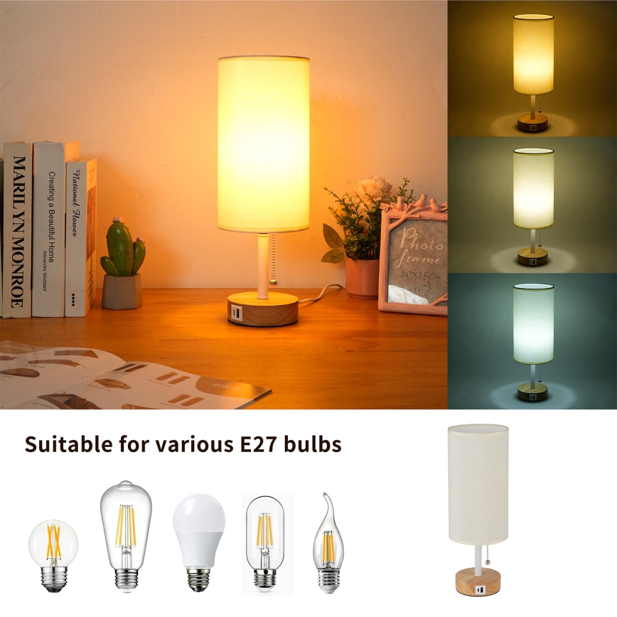 Brilagi - Candeeiro de mesa com porta USB TABLON 1xE27/25W/230V carvalho/branco/creme