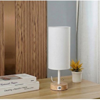 Brilagi - Candeeiro de mesa com porta USB TABLON 1xE27/25W/230V carvalho/branco