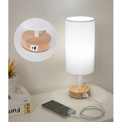 Brilagi - Candeeiro de mesa com porta USB TABLON 1xE27/25W/230V carvalho/branco