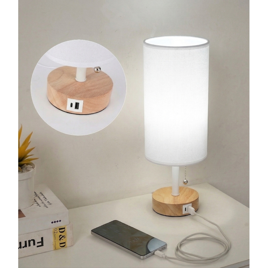 Brilagi - Candeeiro de mesa com porta USB TABLON 1xE27/25W/230V carvalho/branco