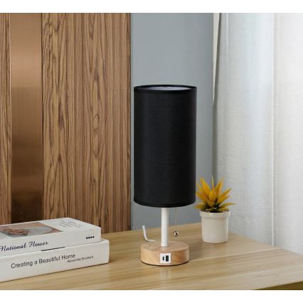 Brilagi - Candeeiro de mesa com porta USB TABLON 1xE27/25W/230V carvalho/branco/preto