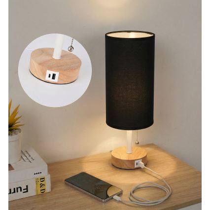 Brilagi - Candeeiro de mesa com porta USB TABLON 1xE27/25W/230V carvalho/branco/preto