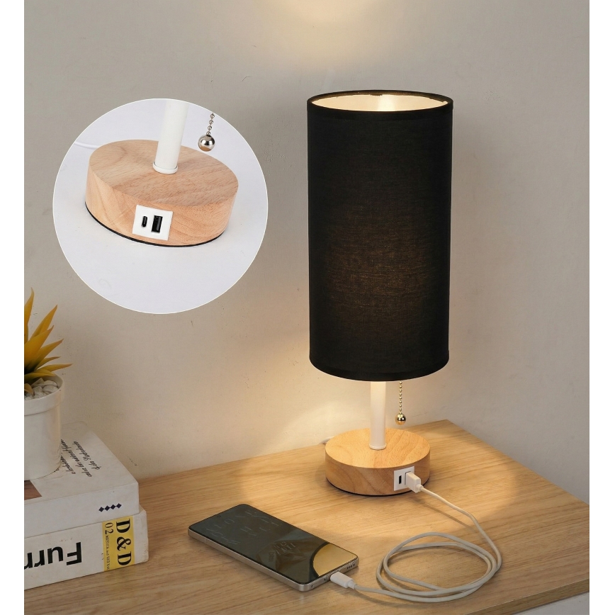 Brilagi - Candeeiro de mesa com porta USB TABLON 1xE27/25W/230V carvalho/branco/preto