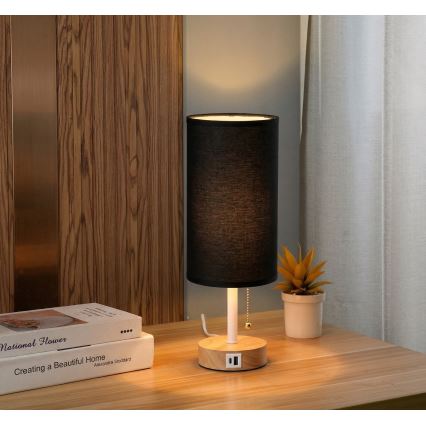 Brilagi - Candeeiro de mesa com porta USB TABLON 1xE27/25W/230V carvalho/branco/preto