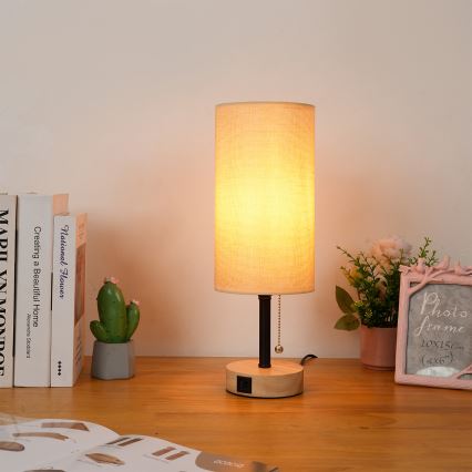 Brilagi - Candeeiro de Mesa com Porta USB TABLON 1xE27/25W/230V carvalho/preto/bege