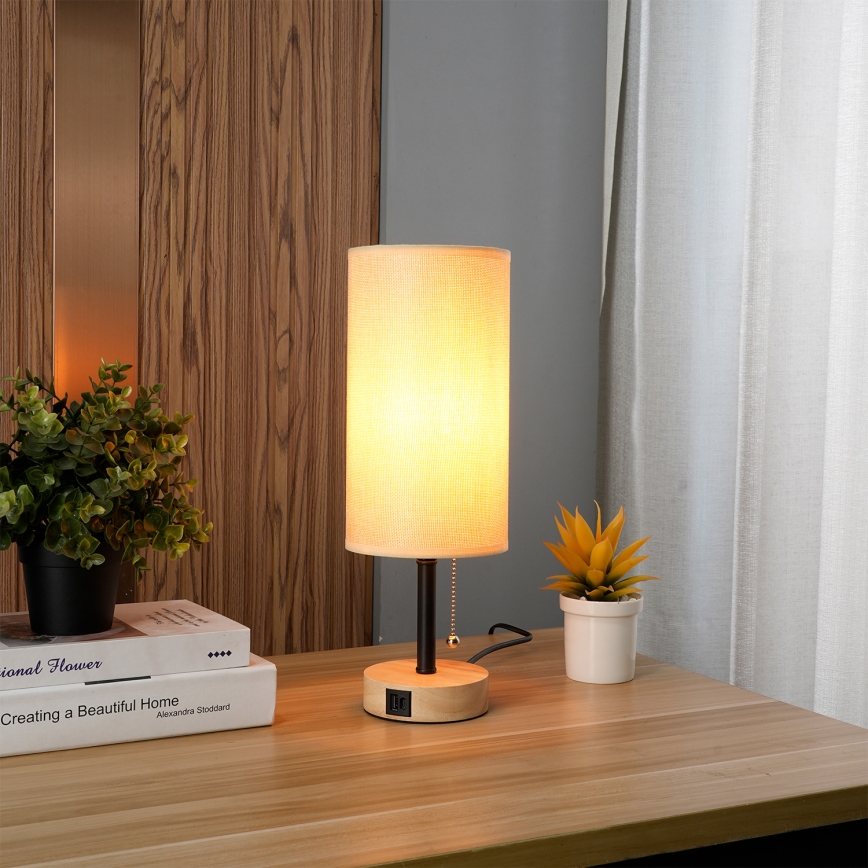 Brilagi - Candeeiro de Mesa com Porta USB TABLON 1xE27/25W/230V carvalho/preto/bege