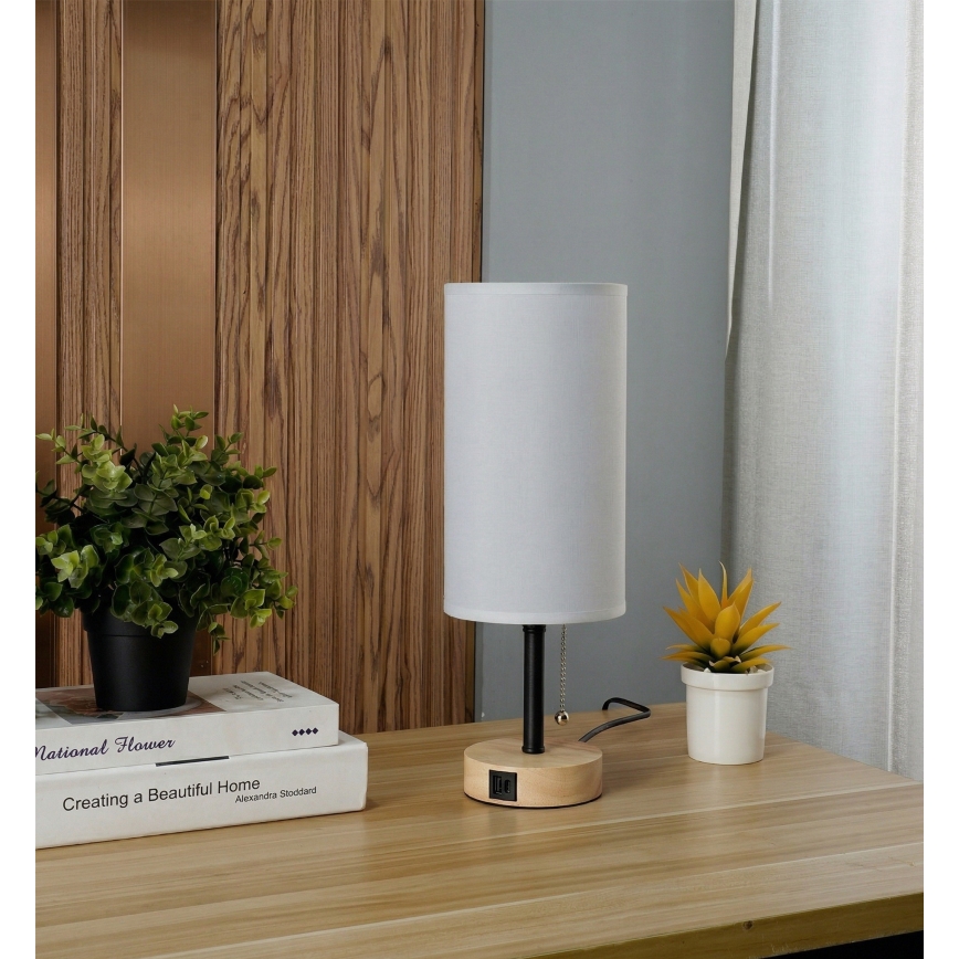 Brilagi - Candeeiro de mesa com porta USB TABLON 1xE27/25W/230V carvalho/preto/branco