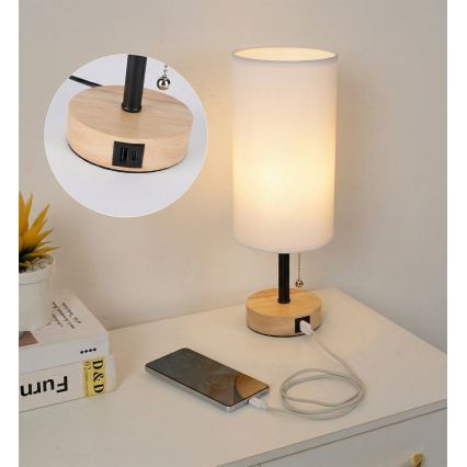 Brilagi - Candeeiro de mesa com porta USB TABLON 1xE27/25W/230V carvalho/preto/branco