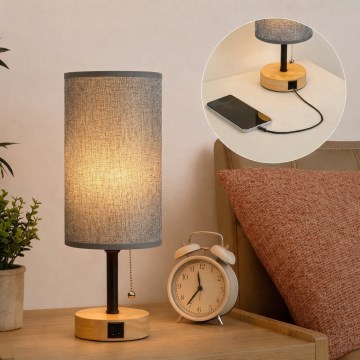 Brilagi - Candeeiro de mesa com porta USB TABLON 1xE27/25W/230V carvalho/preto/cinza