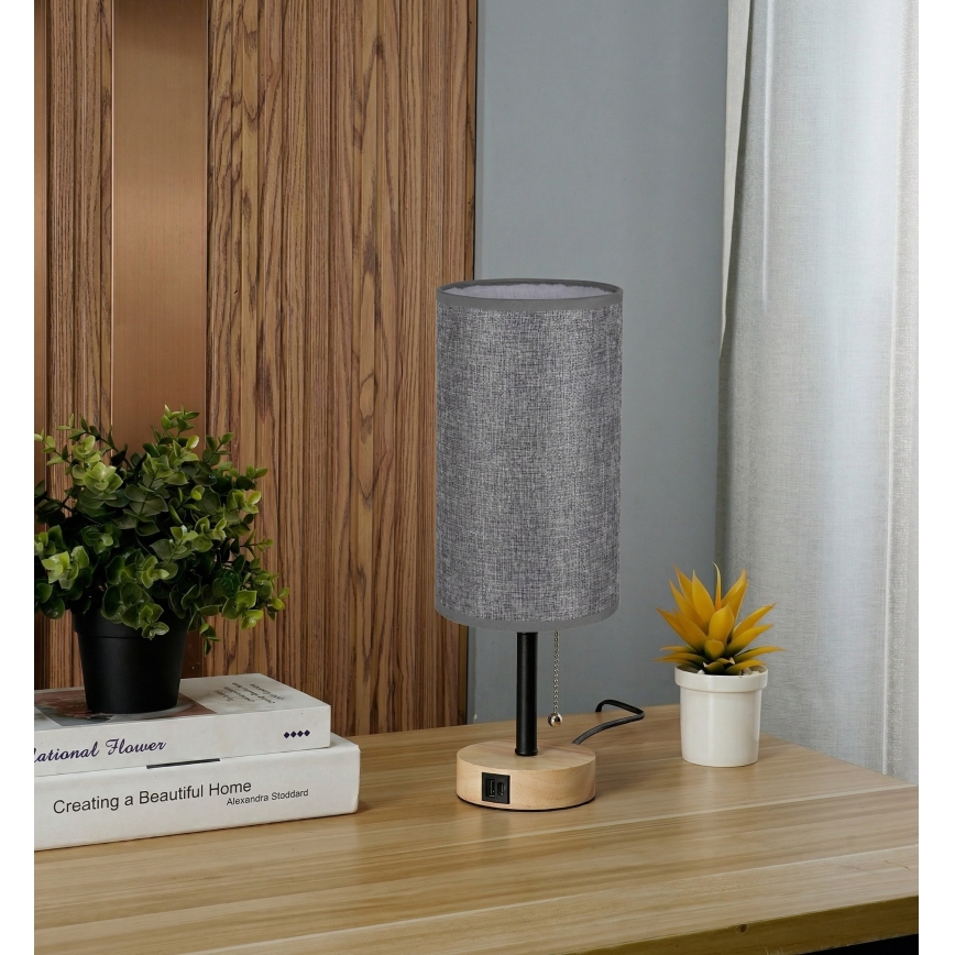 Brilagi - Candeeiro de mesa com porta USB TABLON 1xE27/25W/230V carvalho/preto/cinza