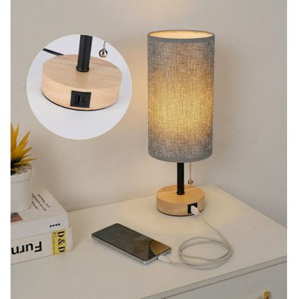 Brilagi - Candeeiro de mesa com porta USB TABLON 1xE27/25W/230V carvalho/preto/cinza