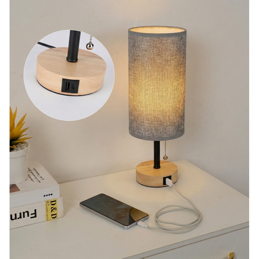 Brilagi - Candeeiro de mesa com porta USB TABLON 1xE27/25W/230V carvalho/preto/cinza