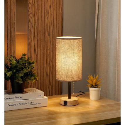 Brilagi - Candeeiro de mesa com porta USB TABLON 1xE27/25W/230V carvalho/preto/cinza