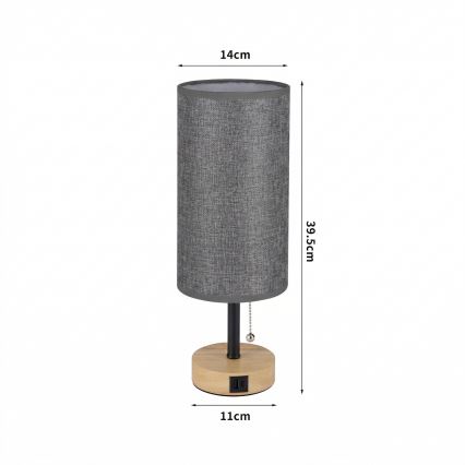 Brilagi - Candeeiro de mesa com porta USB TABLON 1xE27/25W/230V carvalho/preto/cinza