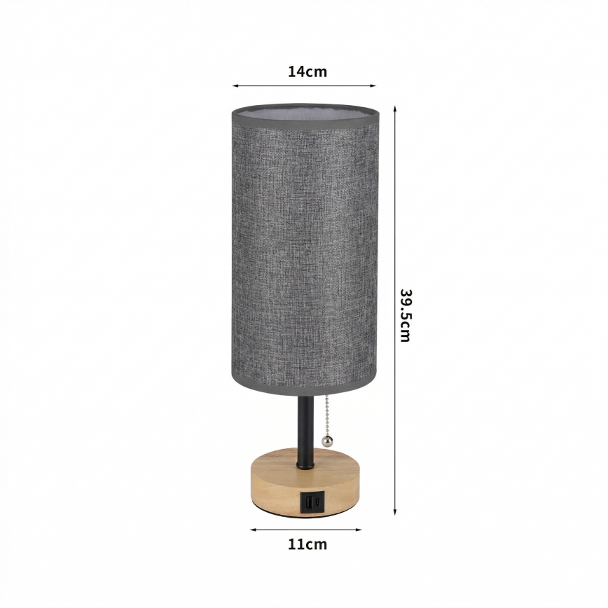 Brilagi - Candeeiro de mesa com porta USB TABLON 1xE27/25W/230V carvalho/preto/cinza