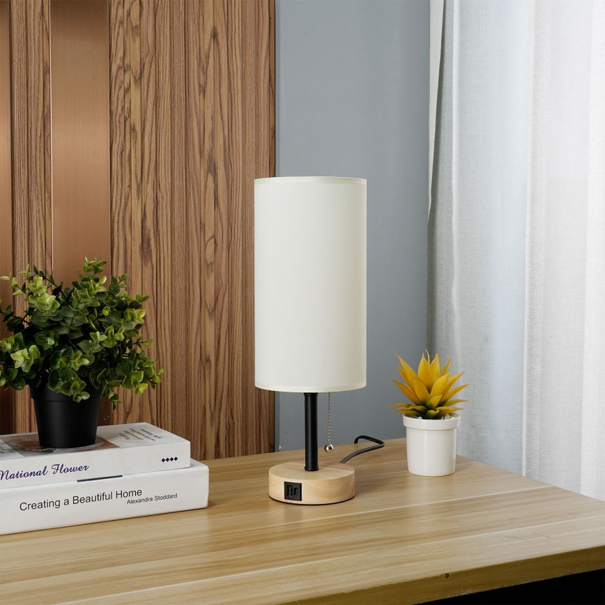 Brilagi - Candeeiro de mesa com porta USB TABLON 1xE27/25W/230V carvalho/preto/creme