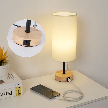 Brilagi - Candeeiro de mesa com porta USB TABLON 1xE27/25W/230V carvalho/preto/creme