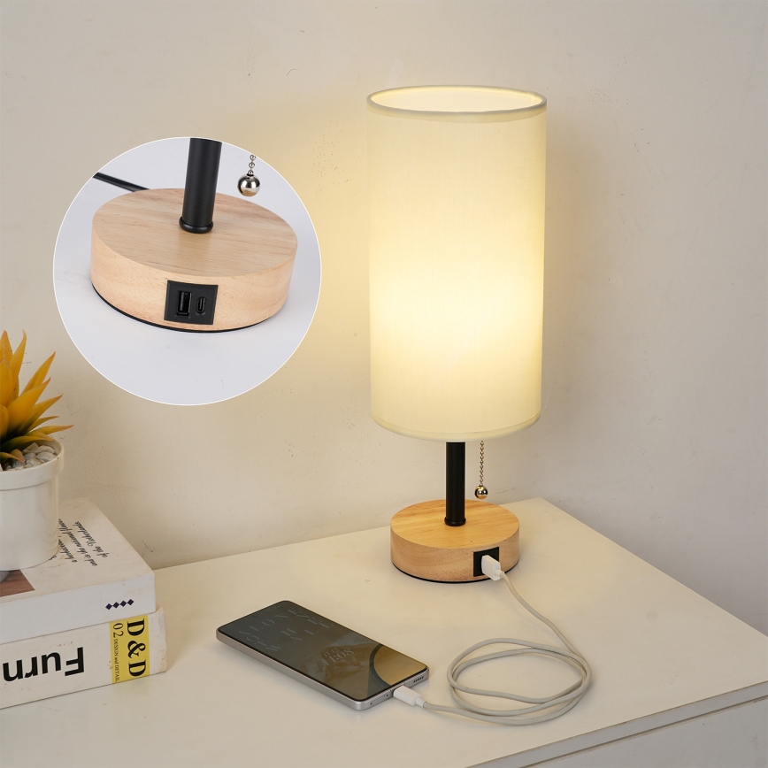 Brilagi - Candeeiro de mesa com porta USB TABLON 1xE27/25W/230V carvalho/preto/creme