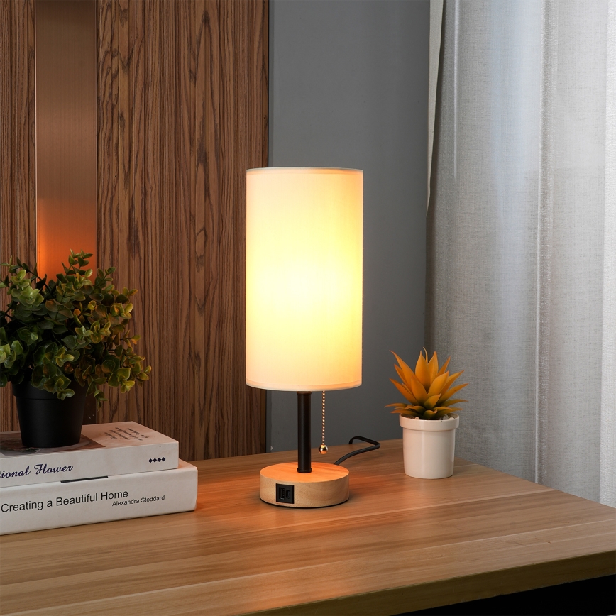 Brilagi - Candeeiro de mesa com porta USB TABLON 1xE27/25W/230V carvalho/preto/creme