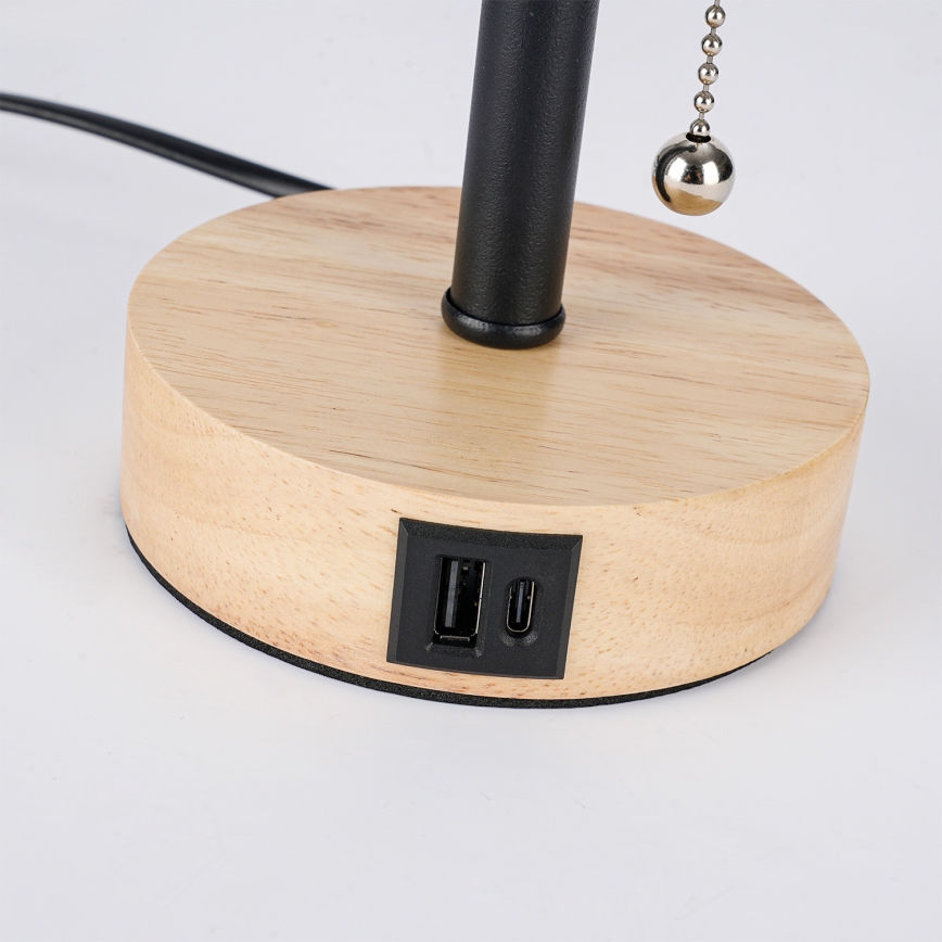 Brilagi - Candeeiro de mesa com porta USB TABLON 1xE27/25W/230V carvalho/preto/creme