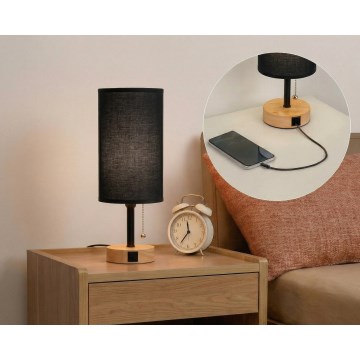 Brilagi - Candeeiro de mesa com porta USB TABLON 1xE27/25W/230V carvalho/preto
