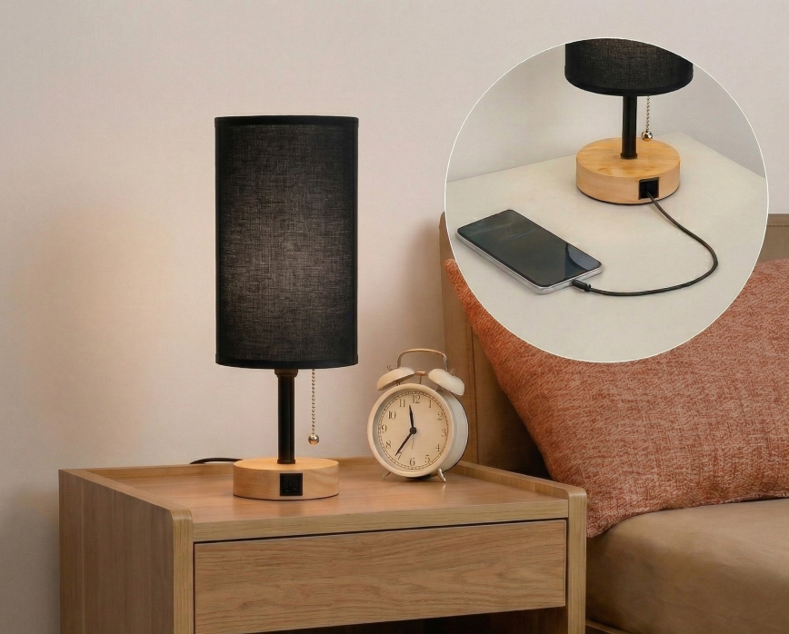 BRILAGI - Candeeiro de mesa com porta USB TABLON 1xE27/25W/230V carvalho/preto