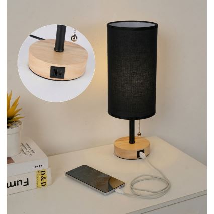 BRILAGI - Candeeiro de mesa com porta USB TABLON 1xE27/25W/230V carvalho/preto