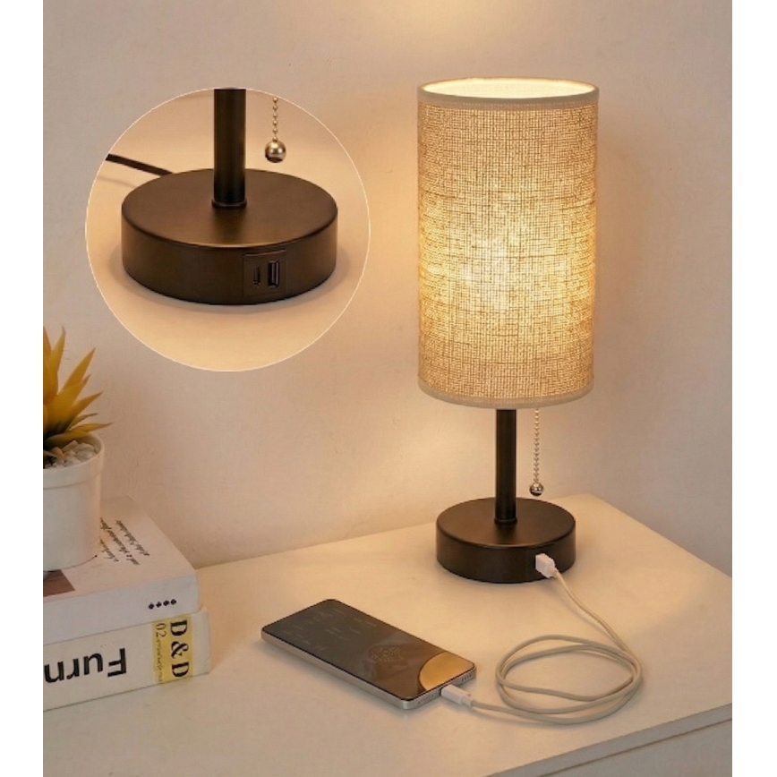 Brilagi - Candeeiro de mesa com porta USB TABLON 1xE27/25W/230V preto/bege