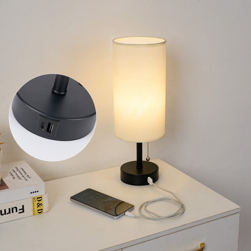 Brilagi - Candeeiro de mesa com porta USB TABLON 1xE27/25W/230V preto/creme