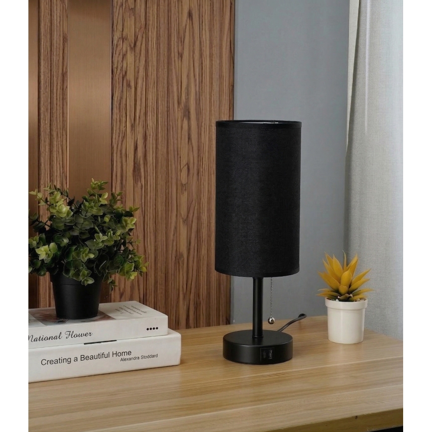 Brilagi - Candeeiro de mesa com porta USB TABLON 1xE27/25W/230V preto