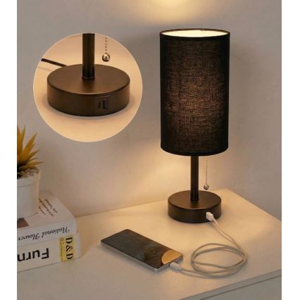 Brilagi - Candeeiro de mesa com porta USB TABLON 1xE27/25W/230V preto